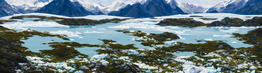 Painting of a iced glacial landscape, mountains over the lake, Generative AI