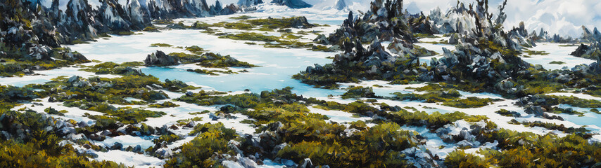 Fototapeta na wymiar Painting of a iced glacial landscape, mountains over the lake, Generative AI