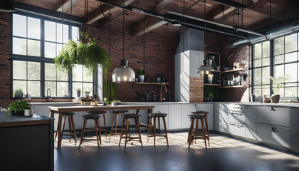 Kitchen in the loft style, characterized by an open and spacious layout, high ceilings, and industrial design elements such as exposed brick and metal beams. Generative AI