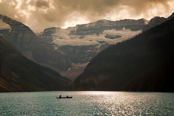 Mount Victoria and Lake Louise with Canoeists, Banff National Park, Alberta, Canada