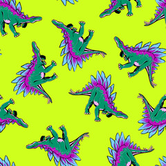 Multicolored pattern of stegosaurus on light green background in hand drow style for print and design. Vector illustration.