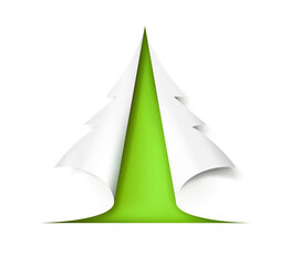 Christmas tree cut out of green and white paper isolated. Realistic icon, design for holiday cards. Modern abstract decor art on xmas. Glossy element. png
