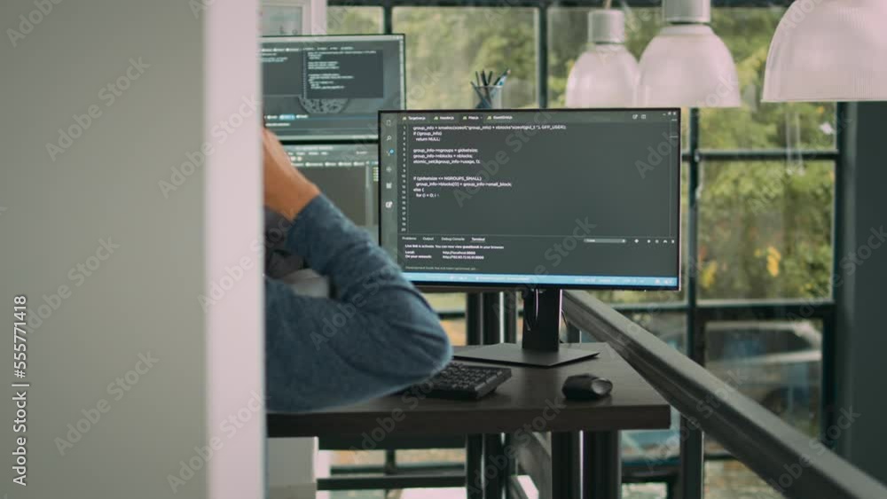 Poster asian system engineer working with html script on computer screen, using terminal window. software d