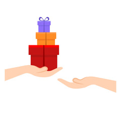 Hand holding three gift boxes and giving presents to other person. Gifts passed from hand to hand. Cartoon style