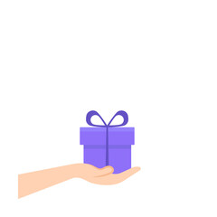 Hand holding gift box isolated on white. Vector illustration in flat cartoon style