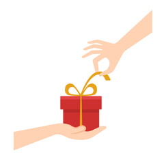 Hands with gift box isolated on white background. Vector illustration in flat style