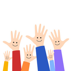 Raised hands vector illustration isolated on white background. Voting gesture, volunteer concept, hands up with smiling faces. Cartoon design