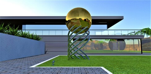 Amazing metal installation in the form of a golden ball on a twisted stand. Excellent yard decoration for an expensive luxury villa. 3d rendering.