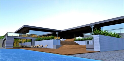 Descent along the wooden steps to the recreation area near the pool. Amazing architectural composition. 3d rendering.