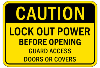 Electrical warning sign and labels lock out power before opening