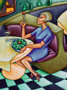 Illustration of Woman Sitting in Restaurant, Eating Salad