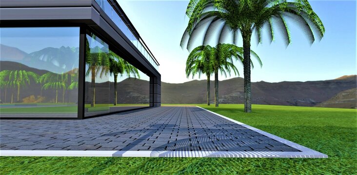 The blind area is made of concrete pavers framed in a white border. Glass facade of a modern country house. Palm trees on a green meadow. 3d rendering.