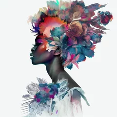 Double exposure portrait beautiful african american woman, flowers, abstract © liliya
