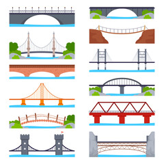Bridges flat icons set. Structure carrying road, path, railroad across river. Passage to other coast