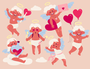 Cute cupid flat icons set. Happy Valentines day. Small baby with wings. Romantic holiday celebration