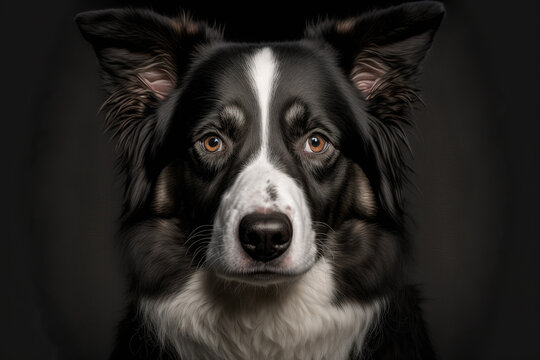 Cute black and white border collie dog on black background, generative ai