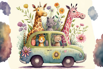 Cartoon animals traveling in a car in the springtime include a giraffe, a cat, a rabbit, and a pig in this watercolor sketch for a graphic designer image. Generative AI