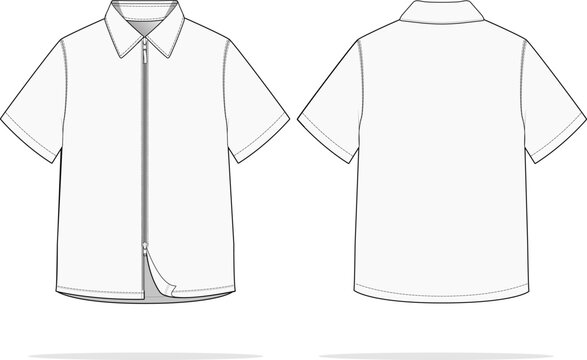 Zip Up Button Shirt Short Sleeve Technical Fashion Sketch Design Vector Menswear Template 