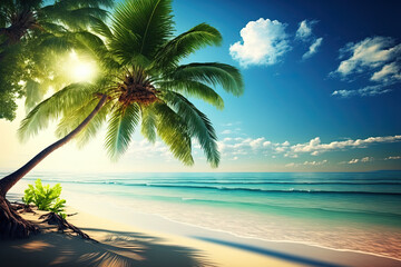 Beautiful tropical beach at morning with ocean and coconut palm tree. Generative AI