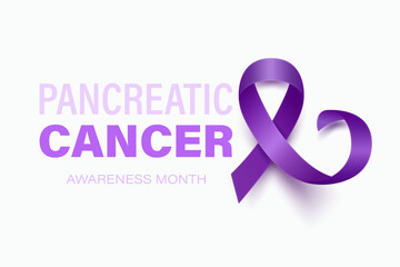 Pancreatic Cancer Banner, Card, Placard with Vector 3d Realistic Purple Ribbon on Purple Background. Pancreatic Cancer Awareness Month Symbol Closeup. World Pancreatic Cancer Day Concept