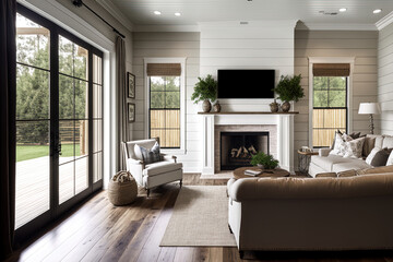 Beautiful living area in a brand new luxury property with a country aesthetic. includes a fireplace, white shiplap, hardwood floors, sliding glass doors leading to a covered patio, a fireplace, and a