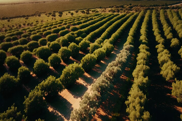 Fototapeta premium Beautiful agricultural plantations in aerial drone footage. Olive trees, vineyards, soy bean fields, and vegetable fields. Industrial scale, large scale production of environmentally friendly foods