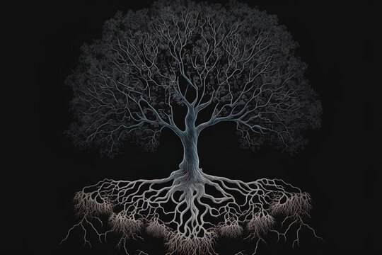 Black backdrop with isolated tree silhouettes with leaves and roots. example of a tree in the shape of nature. Generative AI