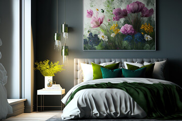 Beautiful contemporary bedroom with spring flowers as decor. Generative AI