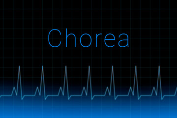 Chorea disease. Chorea logo on a dark background. Heartbeat line as a symbol of human disease. Concept Medication for disease Chorea.