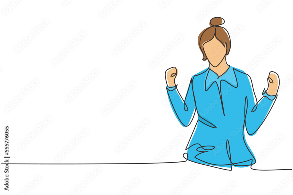 Poster single one line drawing flight attendant with celebrate gesture ready to serve airplane passengers i