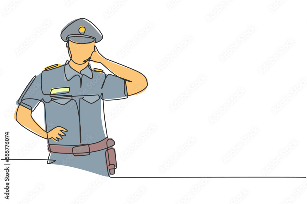 Poster single continuous line drawing policeman with call me gesture and uniform is ready to enforce traffi