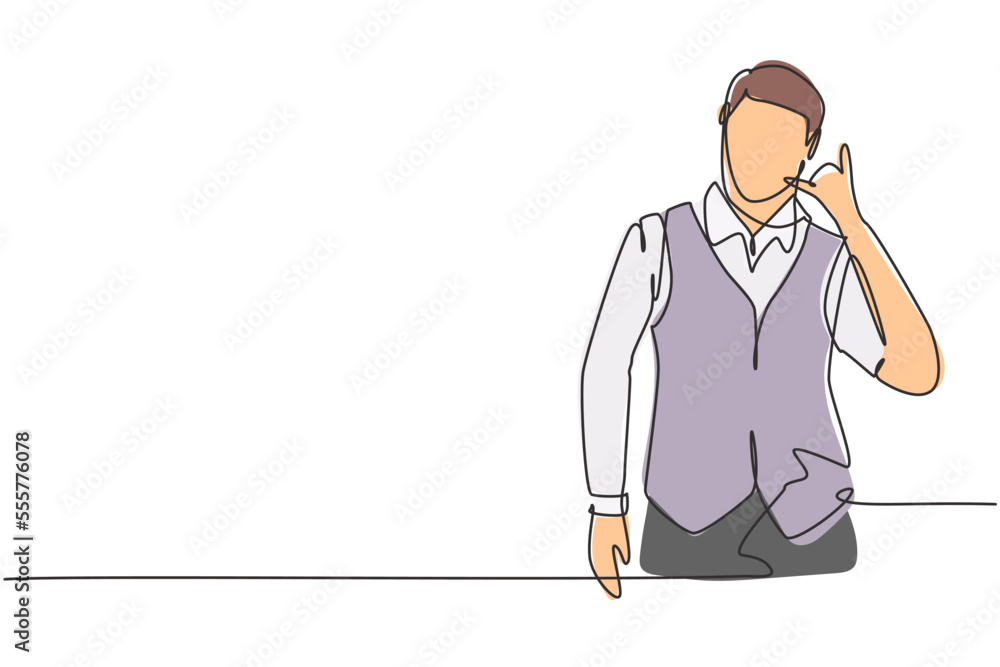 Poster continuous one line drawing steward with call me gesture ready to serve airplane passengers in a fri
