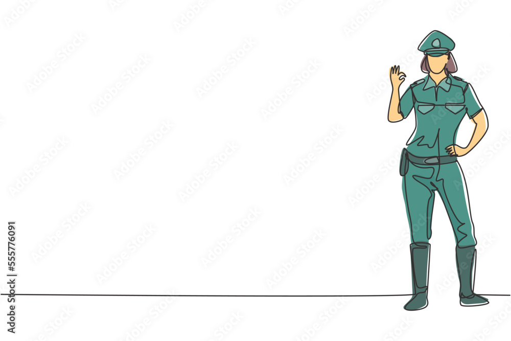 Poster single continuous line drawing policewoman standing with gesture okay and full uniform works to cont