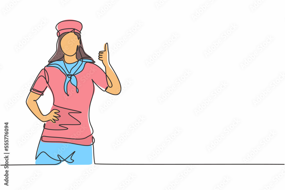 Poster single one line drawing of sailor woman with a thumbs-up gesture ready to sail across the seas in a 