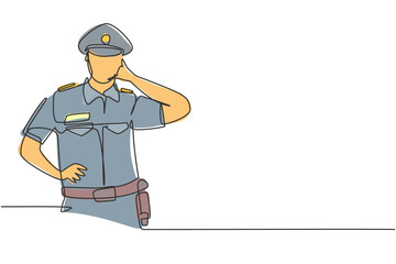 Single continuous line drawing policeman with call me gesture and uniform is ready to enforce traffic discipline on highway. Standby patrol. Dynamic one line draw graphic design vector illustration