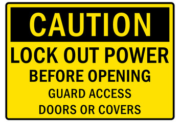 Electrical warning sign and labels lock out power before opening