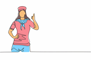 Single one line drawing of sailor woman with a thumbs-up gesture ready to sail across the seas in a ship that is headed by a captain. Modern continuous line draw design graphic vector illustration
