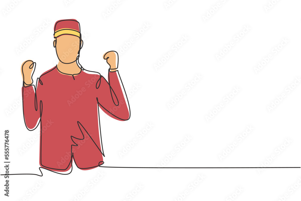 Poster continuous one line drawing hotel doorman with celebrate gesture and neat uniform. serve guests frie