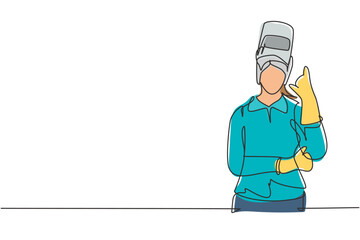 Single one line drawing female welder with call me gesture works in construction of building forming steel frame that is melted by fire. Modern continuous line draw design graphic vector illustration