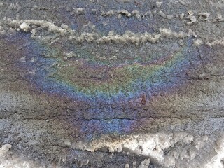 rainbow puddle of gasoline on the pavement
