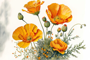 California orange poppies in watercolor, solitary. Invitations, postcards, and other printed materials may be decorated with a hand painted artwork of cheery orange and yellow flowers. Generative AI