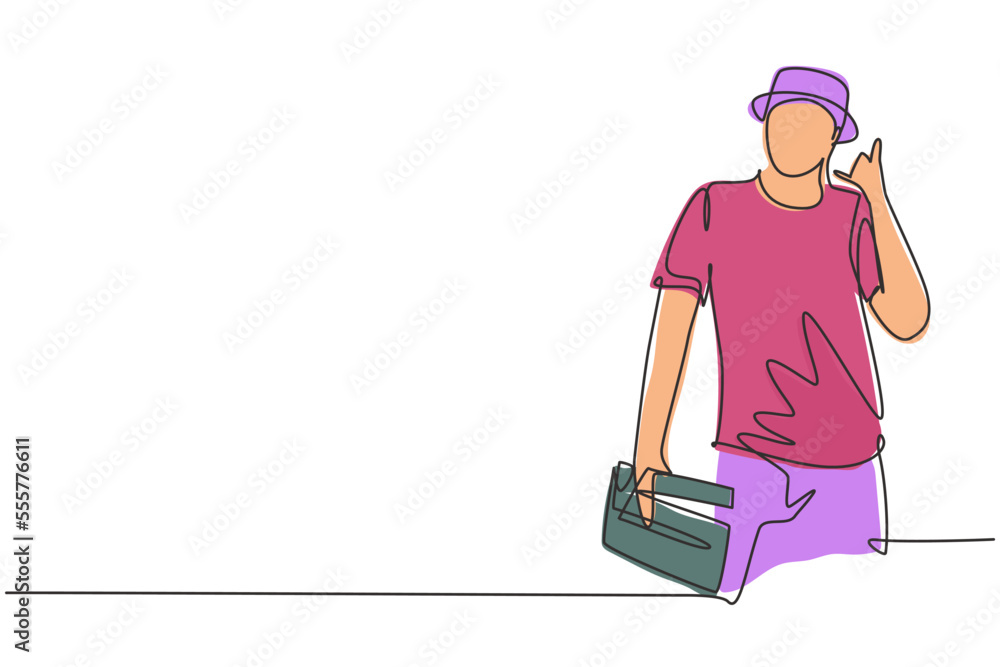 Poster single continuous line drawing film director with call me gesture holding clapperboard and set the c