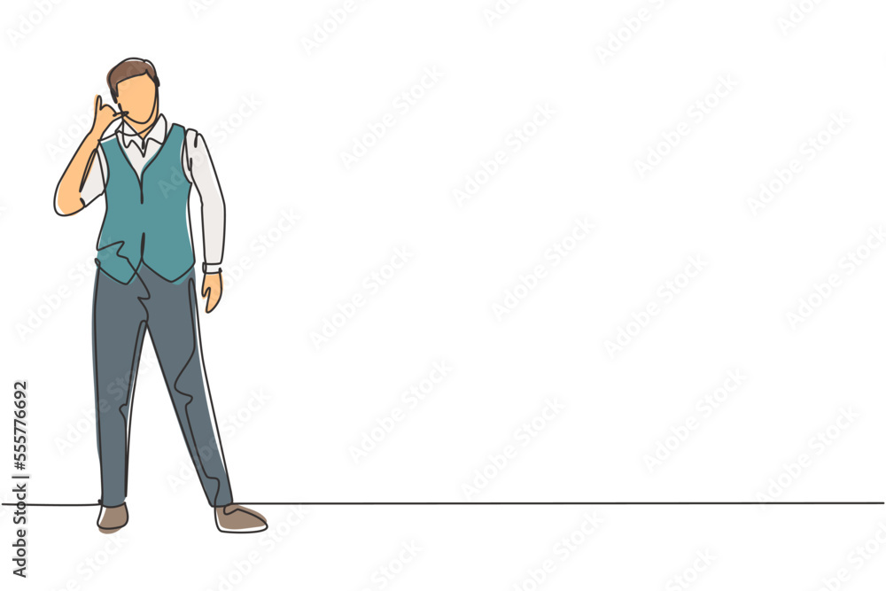 Poster single one line drawing steward stands in a uniform with call me gesture prepare at airport with the