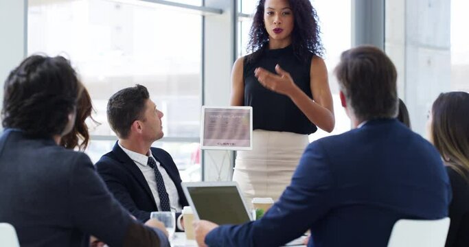 Business presentation, woman leadership and tablet meeting, innovation and corporate kpi planning, strategy and goals. Young female executive, teamwork and digital research, management and feedback