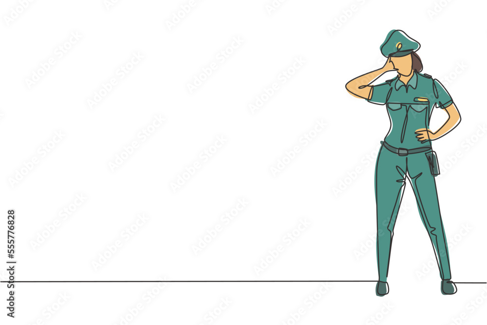 Poster single one line drawing policewoman standing with call me gesture and full uniform works to control 