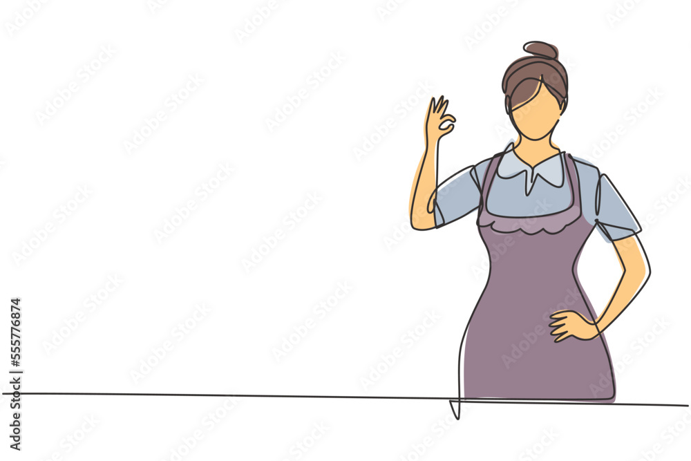 Poster single continuous line drawing maid in hotel with gesture okay and in neat uniform. tidying up messy
