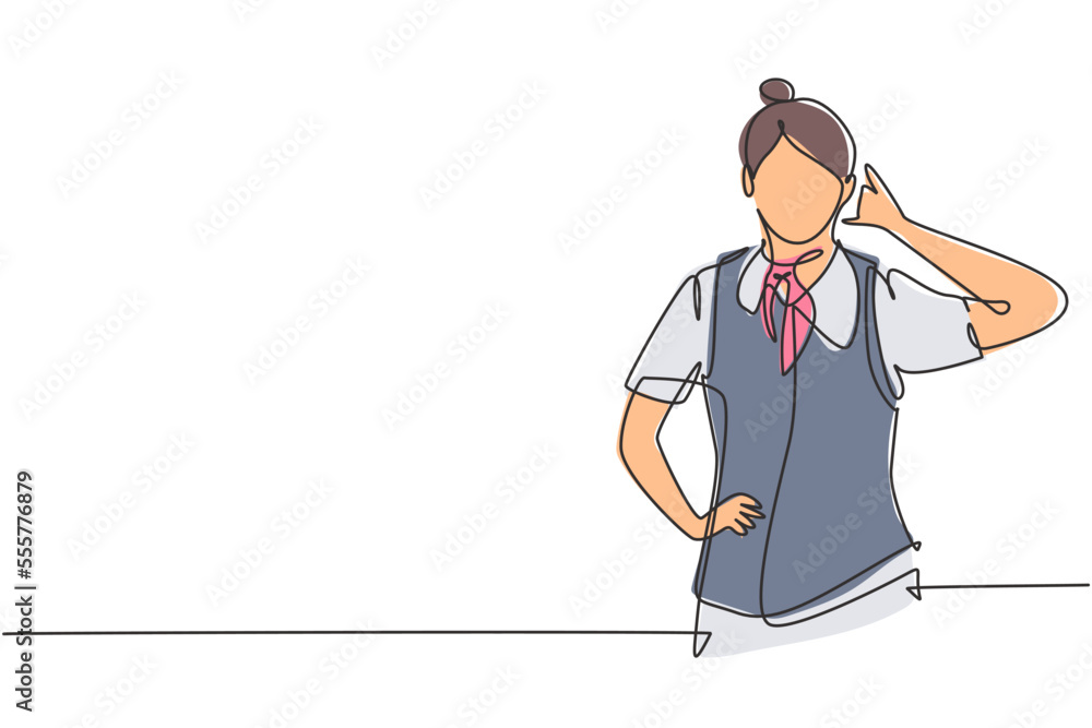 Poster single one line drawing flight attendant with call me gesture ready to serve airplane passengers in 