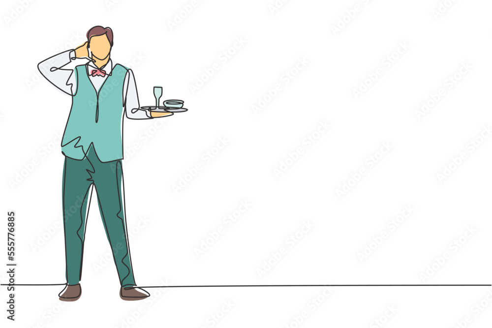 Poster single continuous line drawing waiter stood up with call me gesture and brought tray drinking glasse