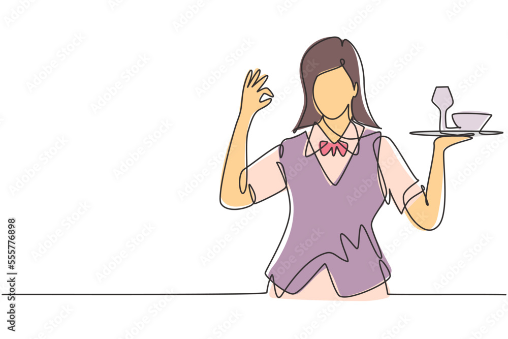 Poster single continuous line drawing waitress with gesture okay and brought a tray of drinking glasses ser