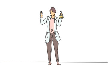 Single one line drawing female scientist stands with gesture okay and holding measuring tube filled with chemical liquid. Success work. Modern continuous line draw design graphic vector illustration